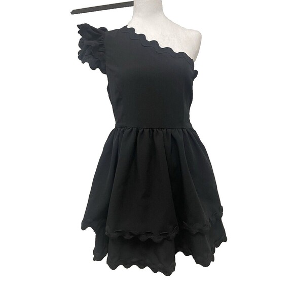 Main Strip One Shoulder ace of spade Black Scalloped‎ Hem Mini Dress NWT- Sz M - Picture 2 of 7